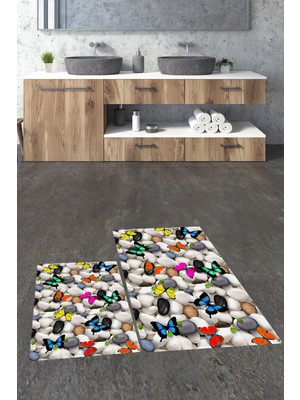Evdeya 3D Dijital Baskılı Yıkanabilir Kelebek Desenli Ikili Banyo Halısı Paspas, Klozet-44-Renkli,