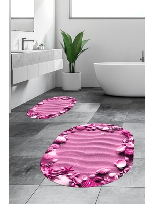 Evdeya 3D Dijital Baskılı Yıkanabilir Modern Desenli Ikili Banyo Halısı Paspas Oval, Klozet-47-Pembe,