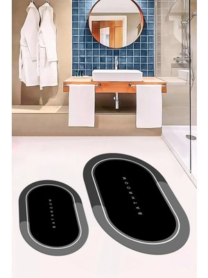 Evdeya Dijital Baskılı Yıkanabilir Bathroom Yazılı Oval Banyo Paspası, Klozet-01-Siyah,