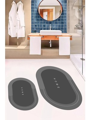 Evdeya Dijital Baskılı Yıkanabilir Home Yazılı Ikili Oval Banyo Paspası, Klozet-03-Gri,