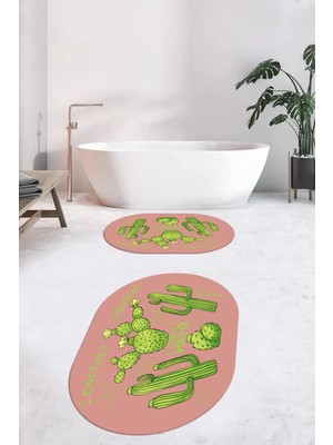 Evdeya Dijital Baskılı Yıkanabilir Kaktüs Desenli Ikili Oval Banyo Halısı Paspas, Klozet-23-Pembe,