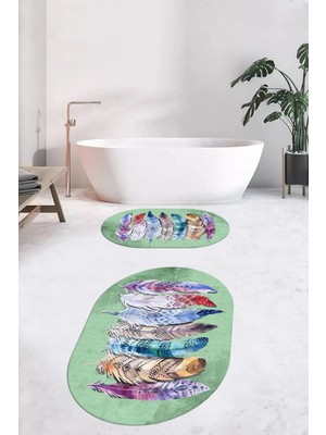 Evdeya Dijital Baskılı Yıkanabilir Renkli Etnik Yaprak Desen Ikili Banyo Halısı Oval, Klozet-25-Yeşil,
