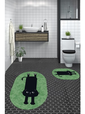 Evdeya Dijital Baskılı Yıkanabilir Sevimli Kedi Ikili Banyo Halısı Paspas Oval, Klozet-39-Yeşil,
