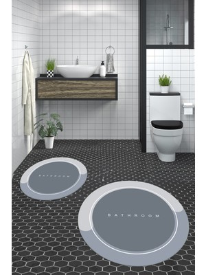 Evdeya Dijital Baskılı Yıkanabilir Bathroom Yazılı Yuvarlak Banyo Paspası, Klozet-01-Gri,