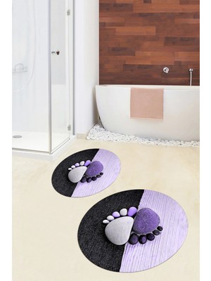 Evdeya 3D Dijital Baskılı Yıkanabilir Ayak Izi Desenli Ikili Yuvarlak Banyo Halısı, Klozet-17-Mavi,