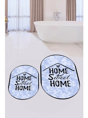 Evdeya Dijital Baskılı Yıkanabilir Home Sweet Yazılı Ikili Oval Banyo Halısı Paspas, Klozet-14-Mavi,