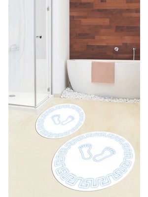 Evdeya Dijital Baskılı Yıkanabilir Çerçeveli Ayak Izi Desenli Ikili Yuvarlak Banyo Halısı, Klozet-18-Beyaz,