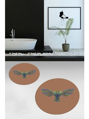 Evdeya Dijital Baskılı Yıkanabilir Rengarenk Baykuş Ikili Banyo Halısı Paspas Yuvarlak, Klozet-37-Kahve,