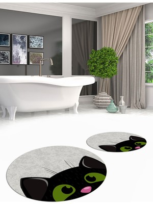 Evdeya Dijital Baskılı Yıkanabilir Kedi Desenli Ikili Banyo Halısı Paspas Yuvarlak, Klozet-40-Gri,