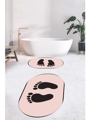 Evdeya Dijital Baskılı Yıkanabilir Sade Ayak Izi Desenli Ikili Oval Banyo Halısı, Klozet-21-Pembe,