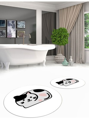 Evdeya 3D Dijital Baskılı Yıkanabilir Kedi Desenli Ikili Banyo Halısı Paspas Yuvarlak, Klozet-43-Beyaz,