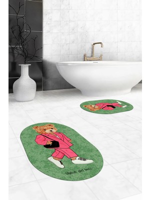 Evdeya Dijital Baskılı Yıkanabilir Ayıcık Desenli Ikili Banyo Halısı Paspas Oval, Klozet-34-Yeşil,