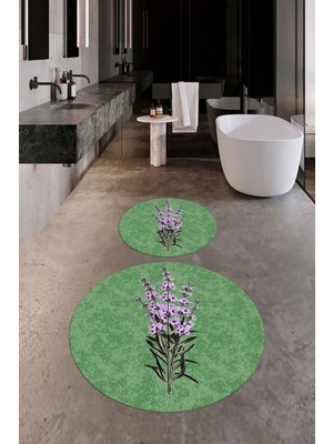 Evdeya Dijital Baskılı Yıkanabilir Modern Çiçekli Ikili Banyo Halısı Paspas Yuvarlak, Klozet-29-Yeşil,