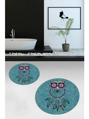 Evdeya Dijital Baskılı Yıkanabilir Baykuş Desenli Ikili Banyo Halısı Paspas Yuvarlak, Klozet-35-Mavi,