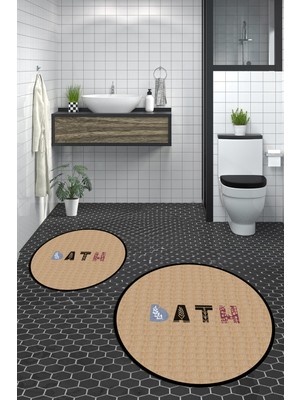 Evdeya Dijital Baskılı Yıkanabilir Renkli Bath Yazılı Ikili Yuvarlak Banyo Paspası, Klozet-08-Kahve,