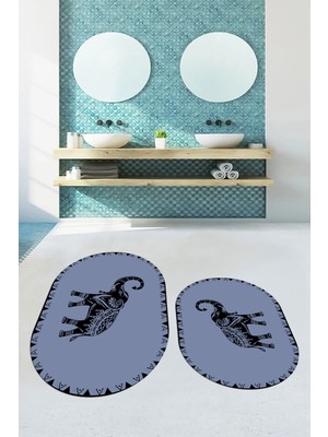 Evdeya Dijital Baskılı Yıkanabilir Fil Desenli Ikili Banyo Halısı Paspas Oval, Klozet-32-Mavi,