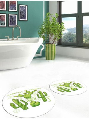 Evdeya Dijital Baskılı Yıkanabilir Kaktüs Desenli Ikili Yuvarlak Banyo Halısı Paspas, Klozet-23-Beyaz,