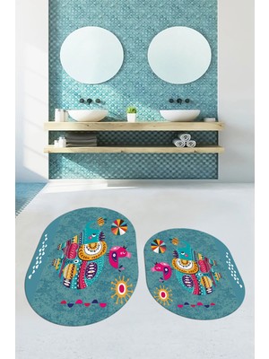 Evdeya Dijital Baskılı Yıkanabilir Renkli Fil Desenli Ikili Banyo Halısı Paspas Oval, Klozet-31-Mavi,