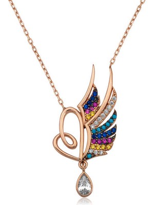 Aya Diamond ​​gümüş Rose Kanatlı Kalp Bayan Kolye