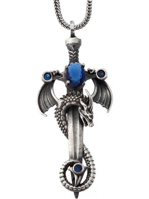 Aya Diamond Gümüş Safir Taşlı Ejderha Erkek Kılıç Kolye