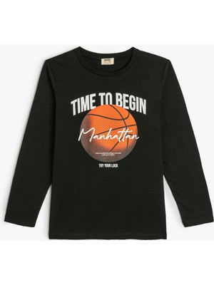 Koton Tişört Basketbol Baskılı Uzun Kollu Bisiklet Yaka Pamuklu