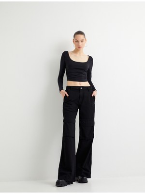 Koton Uzun Kollu Crop Tişört U Yaka Drape Detaylı