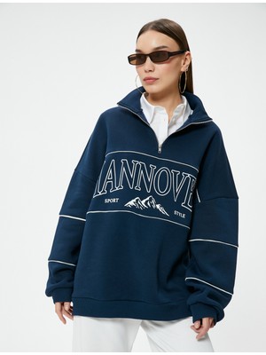 Koton Yarım Fermuarlı Sweatshirt Rahat Kalıp Baskılı Dik Yaka