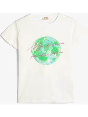 Koton Tişört Baskı Detaylı Kısa Kollu Bisiklet Yaka Pamuklu