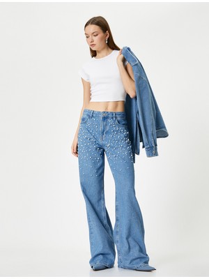 Koton Taşlı Kot Pantolon Geniş Paça Cepli Standart Bel - Bianca Wide Leg Jeans