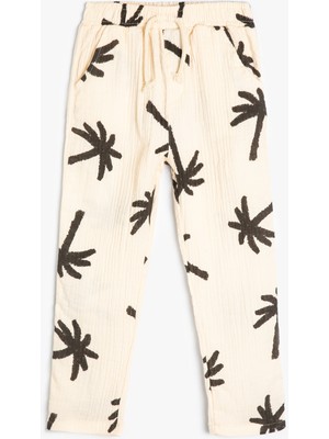 Koton Pantolon Palmiye Desenli Beli Bağlamalı Cepli Pamuklu