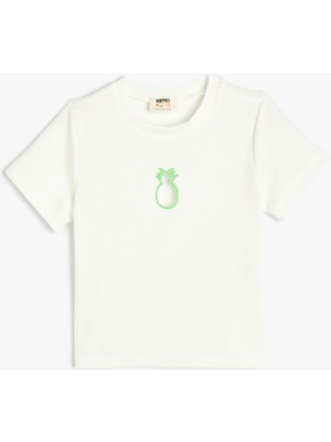 Koton Crop Tişört Ananas Detaylı Pencereli Bisiklet Yaka Kısa Kollu