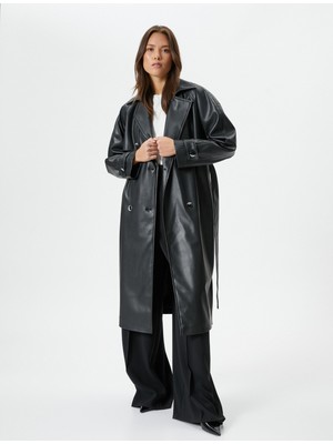 Koton Deri Trençkot Kemerli Düğmeli Kruvaze