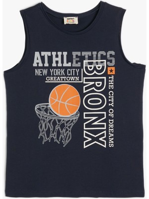 Koton Basketbol Baskılı Pamuklu Atlet Erkek Çocuk İçin Lacivert Renkli Bisiklet Yaka