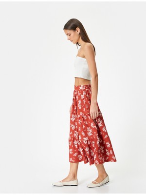 Koton Çiçekli Midi Etek Katlı Yüksek Bel Rahat Kalıp