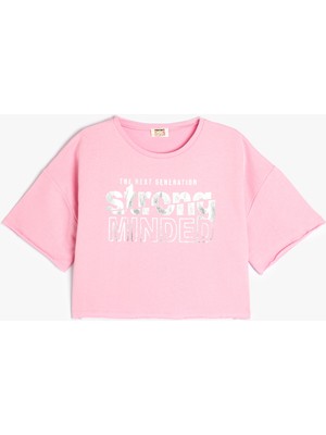 Koton Crop Oversize Tişört Baskılı Kısa Kollu Bisiklet Yaka Pamuklu