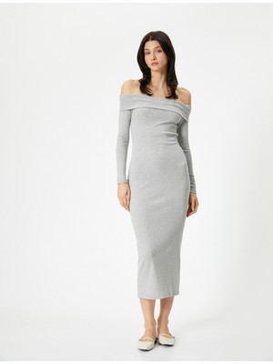 Koton Uzun Elbise Omzu Açık Uzun Kollu Fitilli