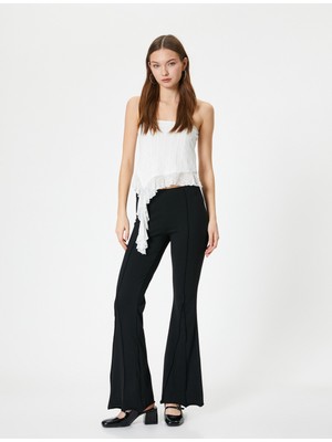 Koton Ispanyol Paça Pantolon Nervürlü Standart Bel Slim Fit Viskon Kumaş Karışımlı