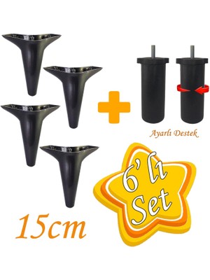 Glaswen Zelve 6'lı Set Mobilya Tv Ünitesi Çekyat Koltuk Kanepe Ayarlı M8 Destek Ayağı 15 cm Siyah Baza Ayak