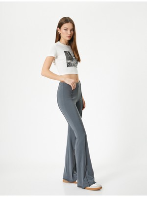 Koton Ispanyol Paça Pantolon Nervürlü Standart Bel Slim Fit Viskon Kumaş Karışımlı