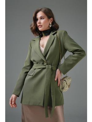 Saade Haki Kuşaklı Ceket Kadın 44 Beden Kırışmaya Dayanıklı Polyester Astar Özellikli