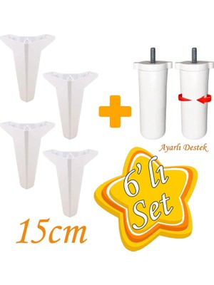 Glaswen Serdivan 6'lı Set Mobilya Tv Ünitesi Çekyat Koltuk Kanepe Ayarlı M8 Destek Ayağı 15 cm Beyaz Baza Ayak