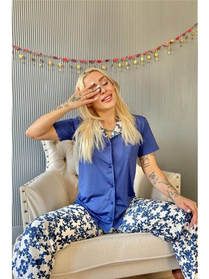 Pijama Evi Lacivert Florado Exclusive Önden Düğmeli Kısa Kollu Kadın Pijama Takımı