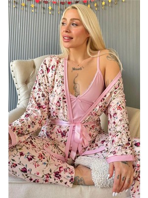 Pijama Evi Açık Pembe Flore Exclusive Örme Sabahlıklı Kadın Pijama Takımı
