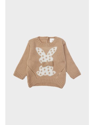 Layette Kız Bebek Kazak Bisiklet Yaka Bej Renk Grafik Desenli Günlük Kullanım İçin