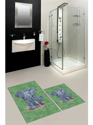Evdeya Dijital Baskılı Yıkanabilir Modern Fil Desenli Ikili Banyo Halısı Paspas, Klozet-33-Yeşil,