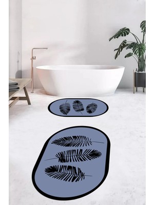 Evdeya Dijital Baskılı Yıkanabilir Renkli Yapraklı Desen Ikili Banyo Halısı Oval, Klozet-26-Mavi,