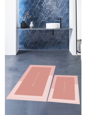 Evdeya Dijital Baskılı Yıkanabilir Bathroom Yazılı Ikili Banyo Paspası, Klozet-1-Pembe,