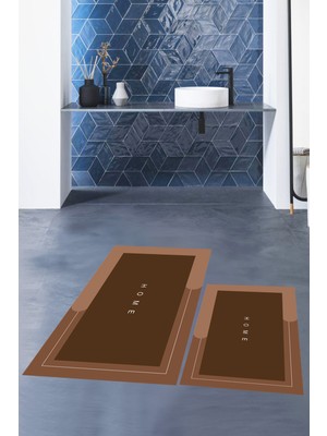Evdeya Dijital Baskılı Yıkanabilir Home Yazılı Ikili Banyo Paspası, Klozet-3-Kahve,