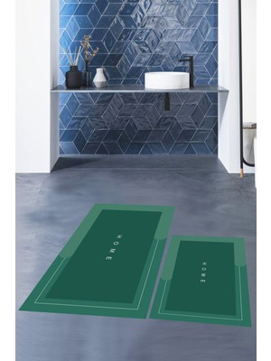 Evdeya Dijital Baskılı Yıkanabilir Home Yazılı Ikili Banyo Paspası, Klozet-3-Yeşil,