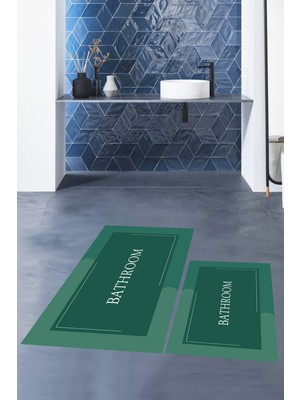 Evdeya Dijital Baskılı Yıkanabilir Bathroom Yazılı Ikili Banyo Paspası, Klozet-2-Yeşil,